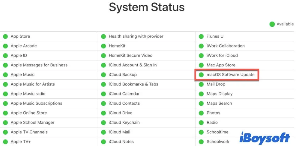 vérifier l'état des serveurs d'Apple pour les mises à jour logicielles